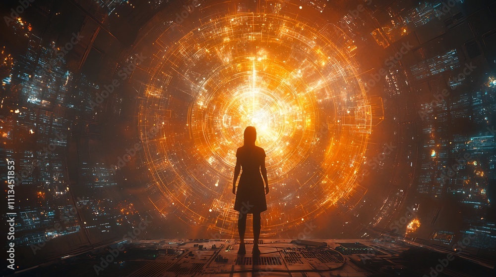Poster futuristic control room with quantum holograms solving complex problems
