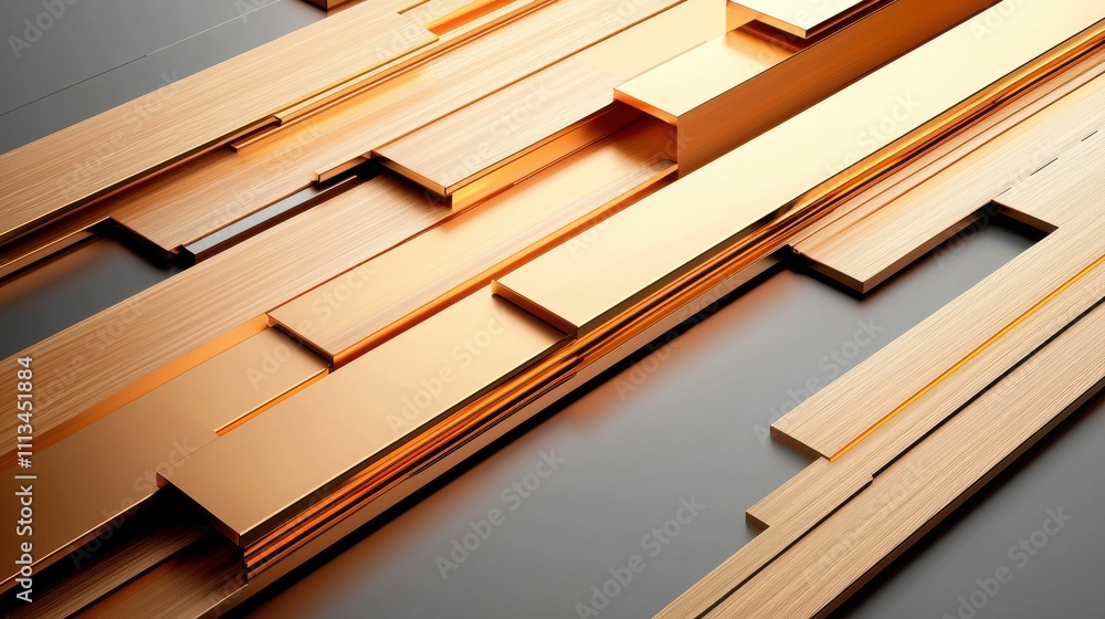 Poster a close-up view of overlapping wooden strips with a polished finish, showcasing a blend of warm tone