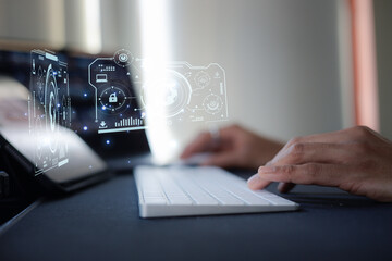 developer coding program on desktop computer. programmer job, smart digital nomad lifestyle concept