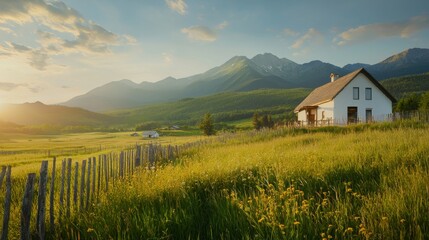A serene sunset over a rural community mountain landscape photography open green pastures scenic view tranquil ambiance