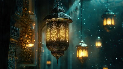 Intricate metal lanterns illuminate a dark, atmospheric hallway.  Warm light glows through ornate designs.