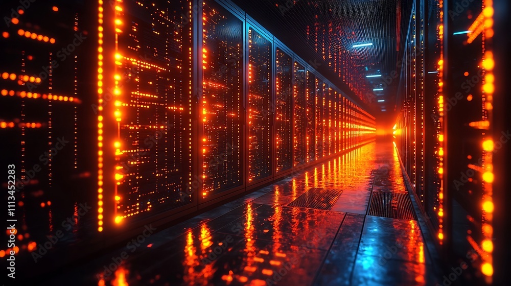 Aufkleber futuristic quantum computing business center glowing with neon lights and transactions in quantum ti