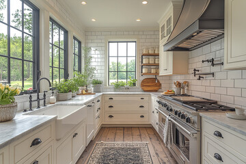 Bright Farmhouse Kitchen With White Cabinets And Black Accents