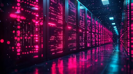 Futuristic Quantum Business Center Glowing with Neon Lights and Digital Transactions