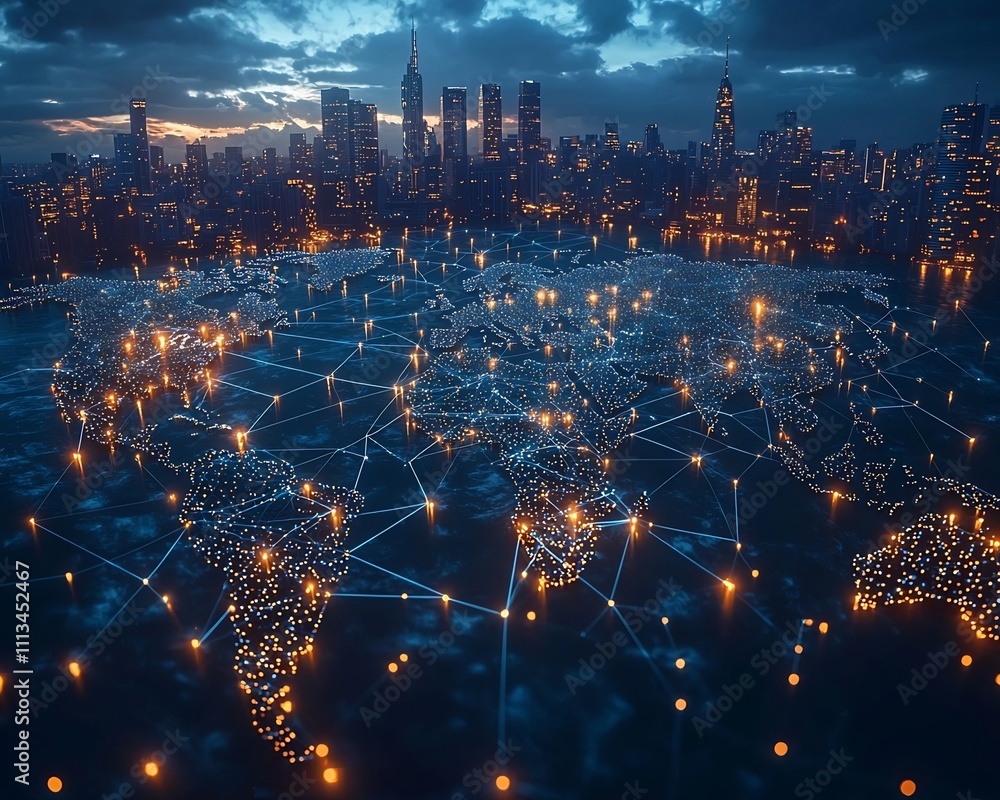Poster glowing cityscape illuminated by interconnected global network of quantum computing