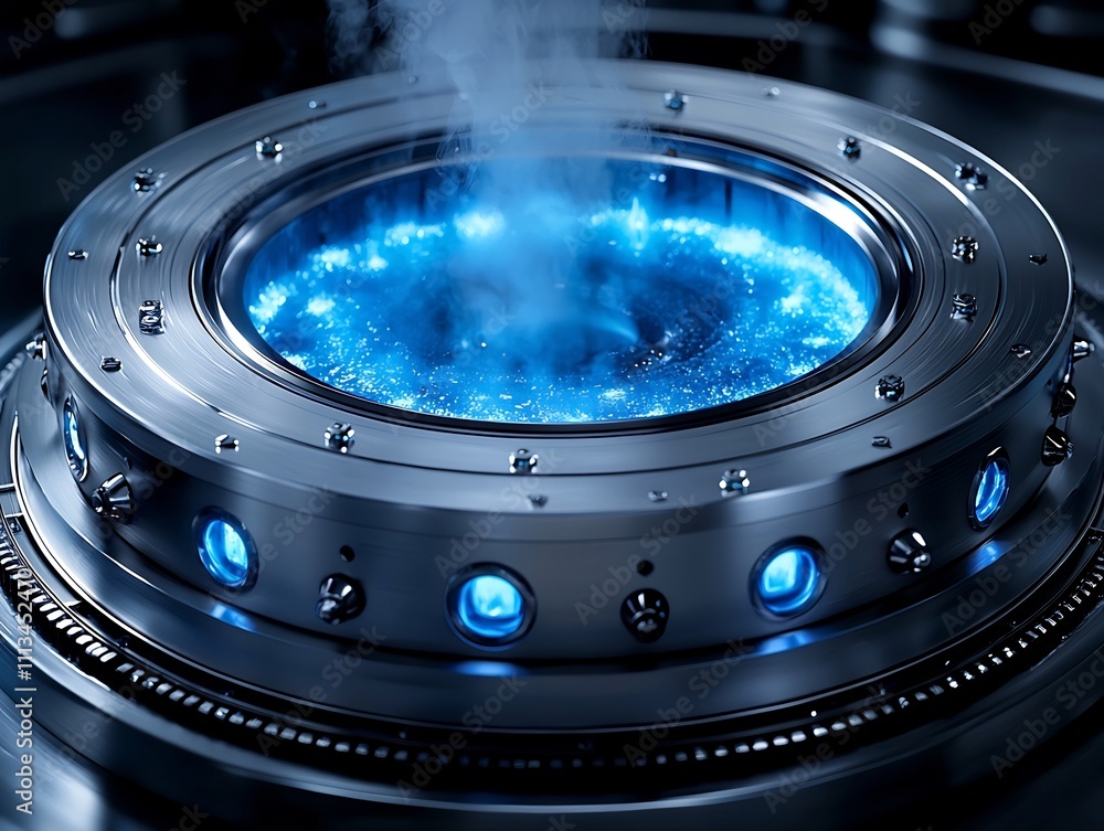 Poster quantum processor submerged in liquid nitrogen glowing with cool blue light representing precision o