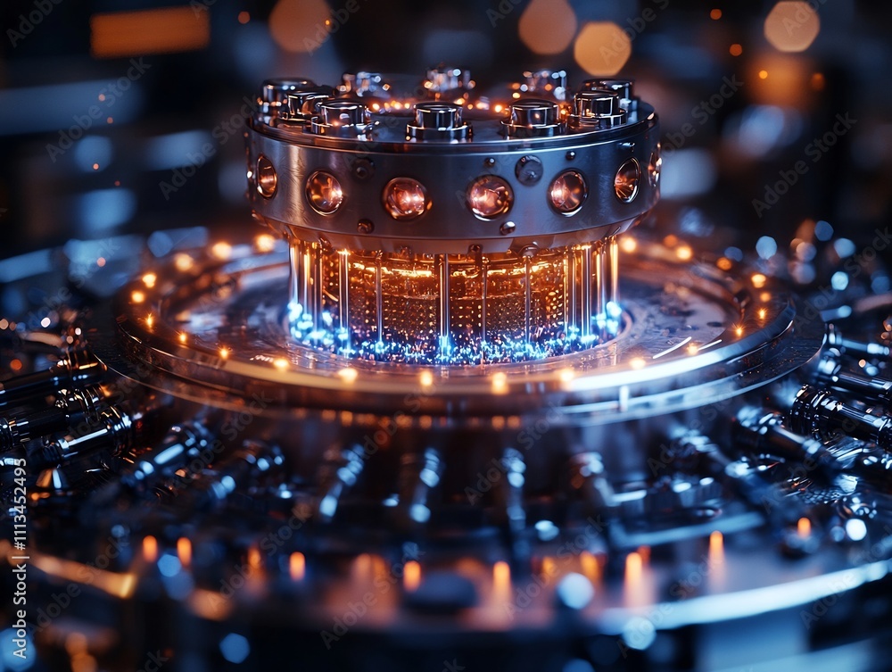 Poster quantum processor submerged in liquid nitrogen glowing with cool blue light representing precise nat