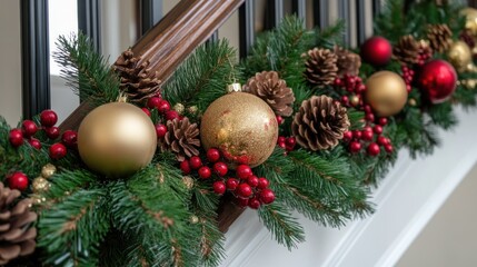Christmas garland with pine cones, berries, and ornaments adorns a wooden staircase banister.