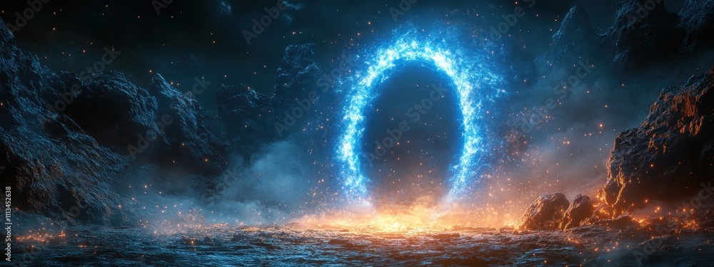 Poster mystical portal in dark environment glowing blue light with swirling mist and photorealistic effect