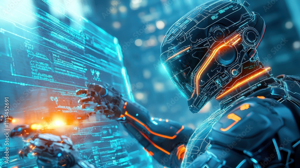 Poster a futuristic robot interacts with a glowing digital interface, showcasing advanced technology in a v