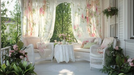 A romantic porch setting with white wicker furniture