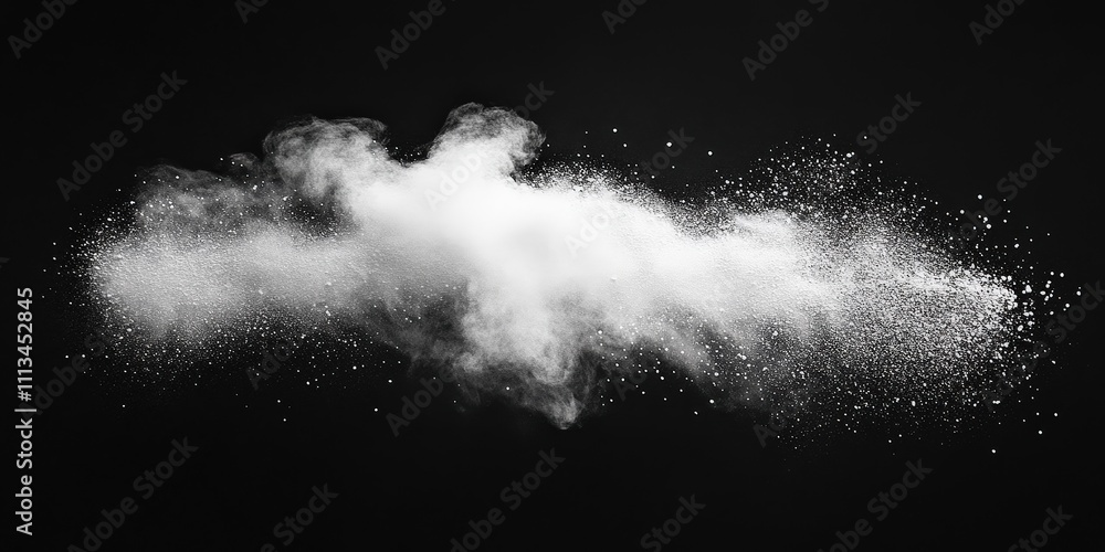 Aufkleber chaotic white powder explosion on black background creating dynamic cloud formation of fine particle