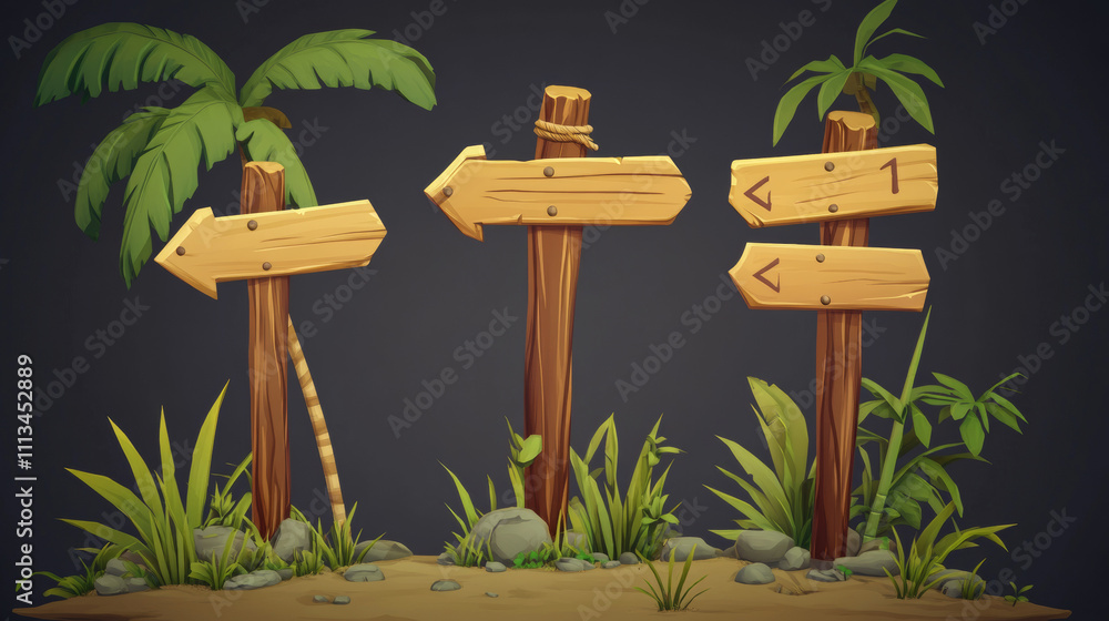 Poster wood pointer bamboo game ui frame vector. direction arrow sign board on stick set. isolated tropical
