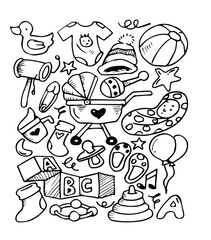 Baby and newborn doodle design elements. Set of hand drawn baby and newborn doodles. Vector illustration	