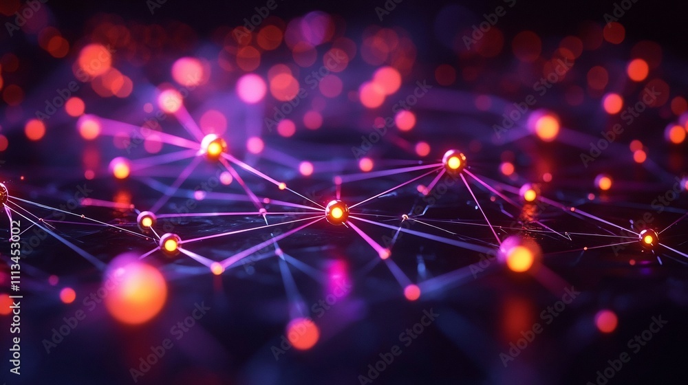 Poster quantum network visualization depicting intricately connected particles transmitting information at 