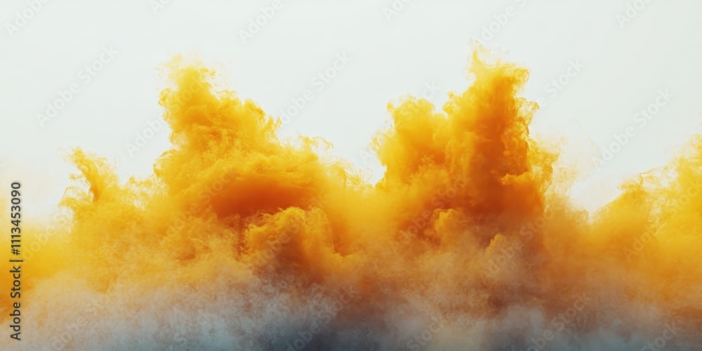 Poster vibrant yellow explosion of powder against a soft white background creating a chaotic and dynamic sc