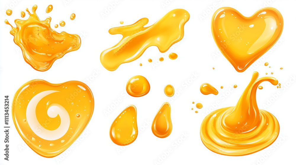 Poster spills of yellow juice or oil isolated on transparent background. vector realistic set of liquid pud