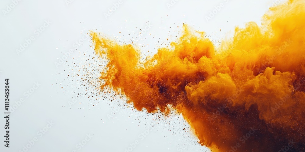 Poster vibrant yellow explosion of powder creating chaos against a white background captured in high detail