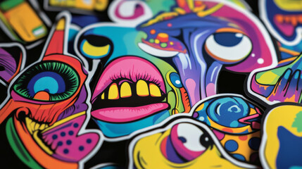 Acid stickers with eye ball, mushrooms and mouth. Psychedelic, rave design of 60s and 70s. Vector cartoon set of weird and crazy hippie icons dice and eye glasses, mouth and drugs