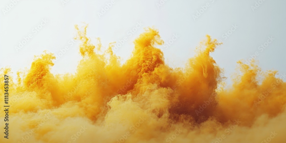 Poster yellow powder explosion creating chaos on a white background captured in high detail for stock photo