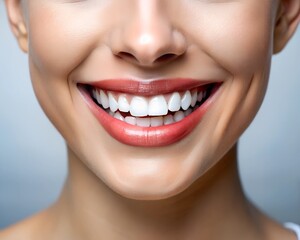 Obraz premium A close-up view of a cheerful face highlights a bright smile, showcasing perfectly aligned teeth and subtle makeup. The soft background enhances the joyous expression