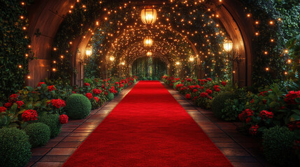 Obraz premium Enchanting Red Carpet Pathway Surrounded by Lush Greenery and Twinkling Fairy Lights for Celebratory Events and Elegant Occasions