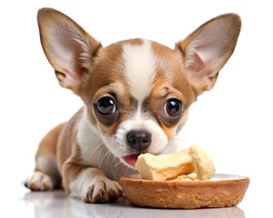 Obraz premium A playful chihuahua relishes a tasty treat while lying on a smooth surface, its eyes sparkling with joy. The warm sunlight enhances the inviting atmosphere of the cozy space