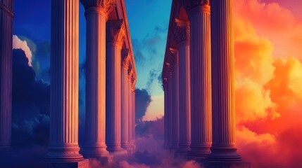 Fototapeta premium Majestic columns in a vibrant sunset and stormy sky.