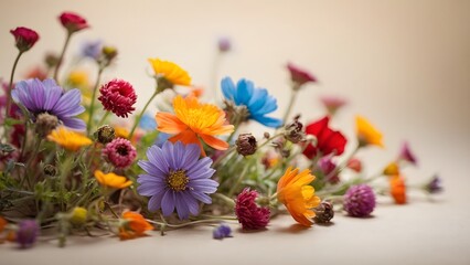 Obraz premium Colorful Wildflowers Arranged in a Vibrant Display on a Neutral Background in Springtime