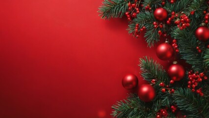 Obraz premium Closeup of Christmas tree branch with red baubles, shiny balls, and berries on green needles against red backdrop.