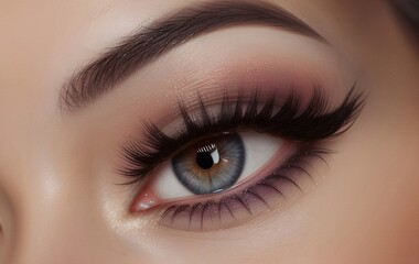 Fototapeta premium Eye makeup with eyeshadow and arrow. Beautiful macro shot of female eye make-up. Blue eye. Creative fashion make-up. Perfect shape of eyebrow. Cosmetics.