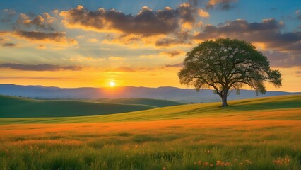 Fototapeta premium Beautiful Tree in Golden Sunset Field