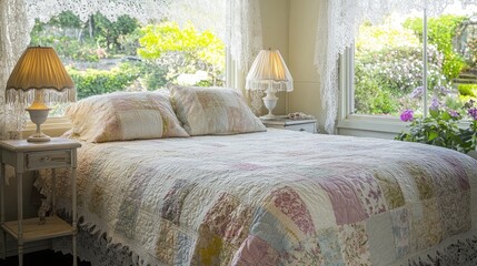 A serene guest room with a quilted bedspread covered in a patchwork of pastel florals. Two bedside tables hold vintage lamps with fringed shades