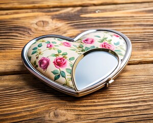 A beautifully crafted heart-shaped compact mirror featuring vibrant rose patterns sits elegantly on a textured wooden table, capturing a moment of beauty and artistry