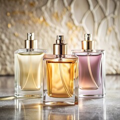 Three beautifully designed perfume bottles in various hues grace a polished surface, reflecting ambient light while embodying luxury and charm in a boutique setting