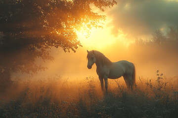 White Horse Stands in Misty Golden Sunrise Field