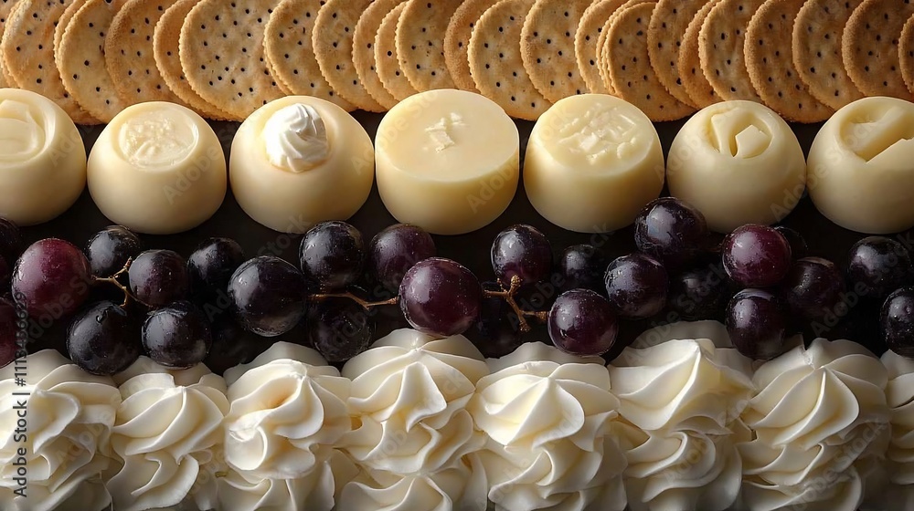 Poster sleek 3d pattern of mini gourmet cheese boards with brie grapes and crackers on linen textured backg