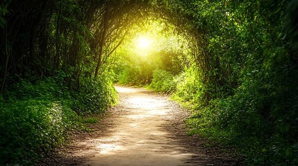 Fototapeta premium Sunlit path through lush green forest.