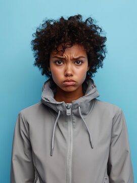 Unhappy sad African American woman tilts head, upset because of bad news, tilts head, wears grey jacket, looks gloomy and indifferent, stands against blue background. Negative emotions concept