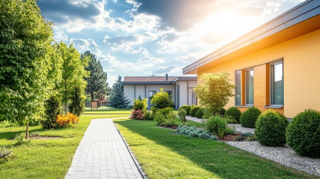 Senior care facility exterior with well-maintained garden and welcoming entrance. Emphasizing comfort and dignity in elderly living environments.