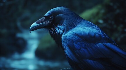 Majestic blue raven perched near a cascading stream in a dark forest.