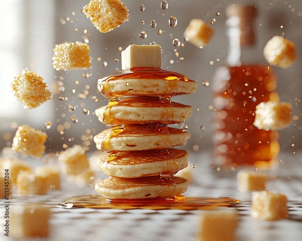 Poster whimsical 3d stack of pancakes syrup and butter pats floating on checkered tablecloth
