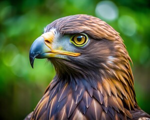 Fototapeta premium A golden eagle with striking plumage is captured in a close-up portrait, showcasing its sharp yellow eyes and powerful beak. The lush greenery surrounds it under the serene afternoon sunlight