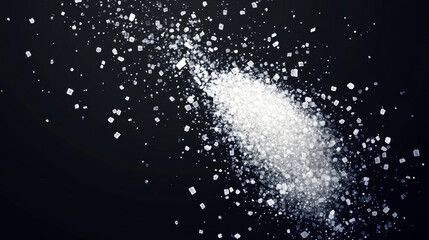 Realistic set of sugar, salt crystals or rice png scattered on dark surface. Vector illustration of piles of white granules isolated on transparent background. Cooking ingredients for flavor enhancing