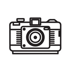 Minimalist black and white line art of a vintage camera. Black and white silhouette of a retro camera. Simple vector camera icon