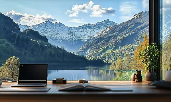Immersive virtual meeting background with a serene mountain vista, photorealistic detail and digital enhancements, featuring a zen-inspired home office setup.