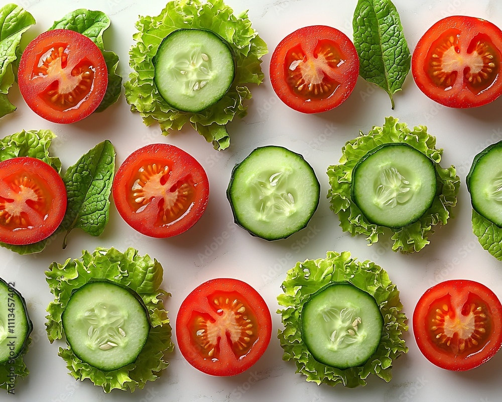 Poster fresh 3d pattern of mini salads with lettuce tomatoes and cucumbers on light marble background