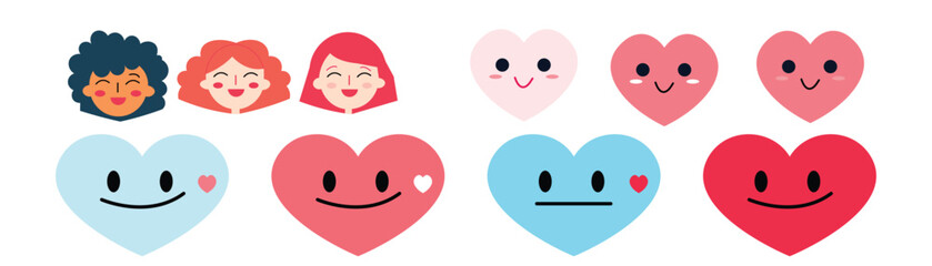 flat vector illustrations of happy and smiling faces love. Each face is adorned with heart shaped elements like hearts or love symbols