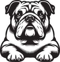 This stylized black and white vector illustration showcases a majestic bulldog, embodying strength, loyality, and resilience. perfect for designs related to pet adoption and urban lifestyle.
