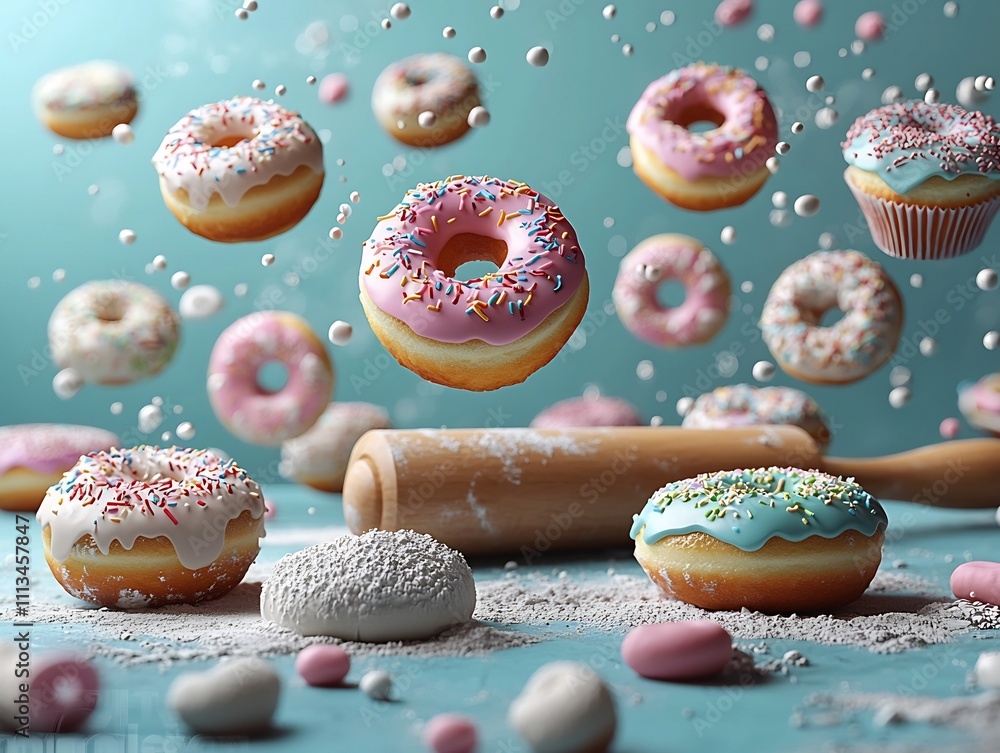 Poster a whimsical 3d bakery pattern of floating pastries and sweets against a bakery themed background